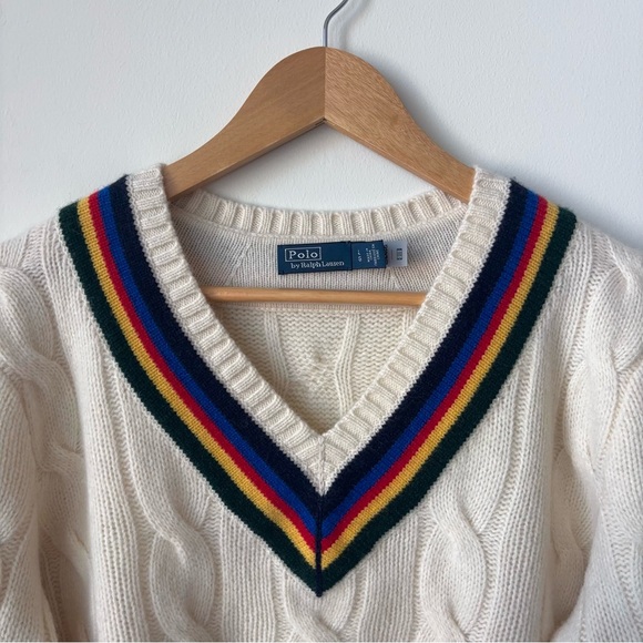 Polo Ralph Lauren Wool Cashmere Cricket Sweater Size L Tennis Chunky Cable Knit - Picture 2 of 11
